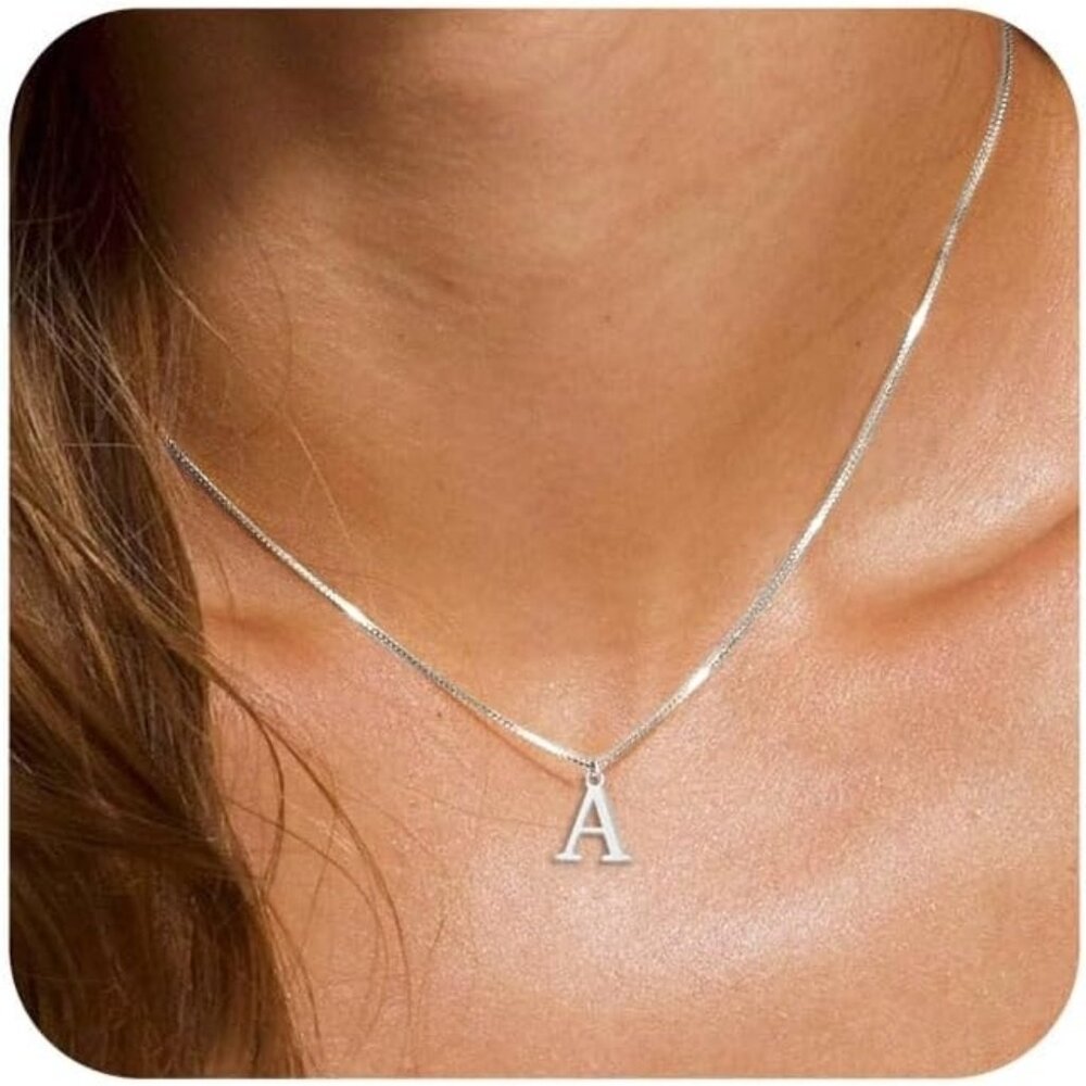 Women 14K Gold Plated Dainty Letter Necklace Tiny Silver Initial Pendant